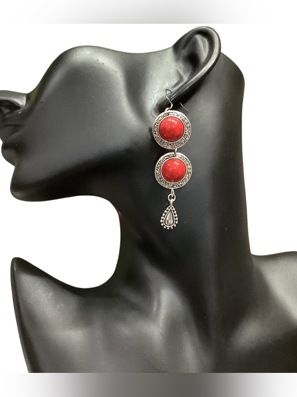 Boho Western Chic Silver-Tone Red Double-Drop Dangle Earrings. NWT